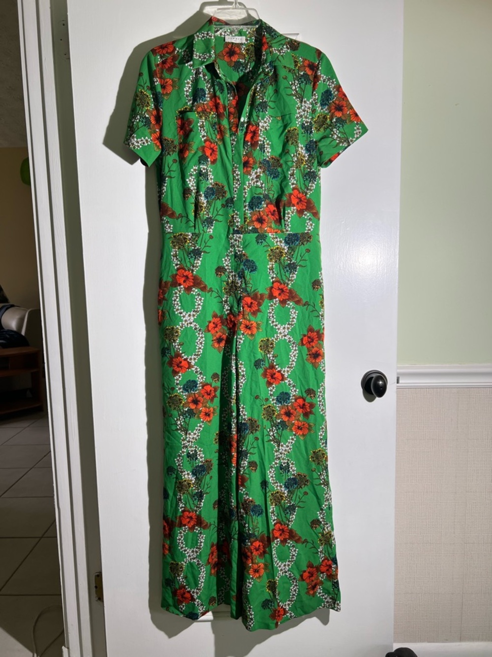 Sandro Green Floral Short-Sleeve Jumpsuit with Red Blooms - Picture 6 of 11